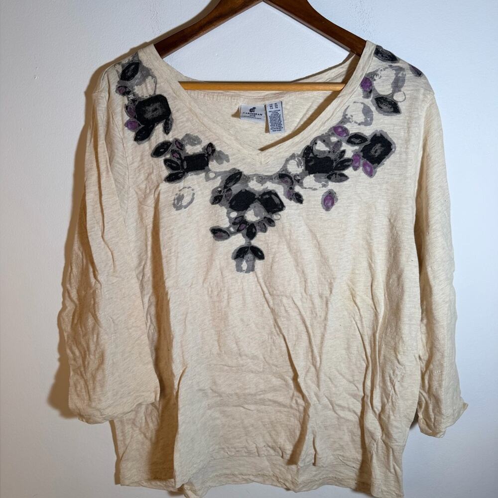 Caribbean Joe Cream Top with Black and Purple Floral Design